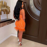 Solid Color V neck Brace Rhinestone Feather Dress